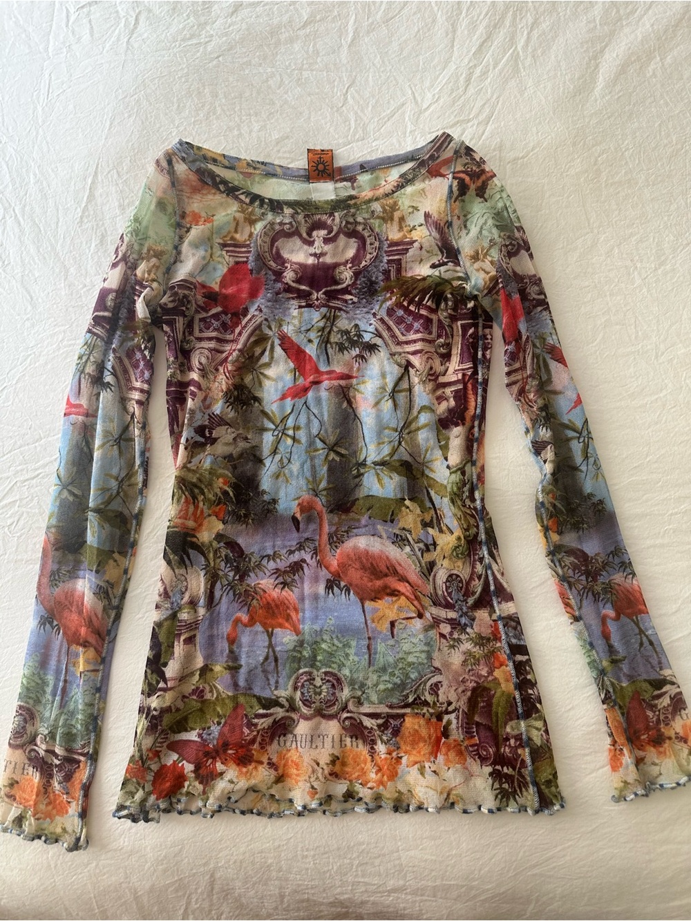 Jean Paul Gaultier Vintage 90s/2000s Flamingo Print Long Sleeve Mesh Top - Picture 2 of 4